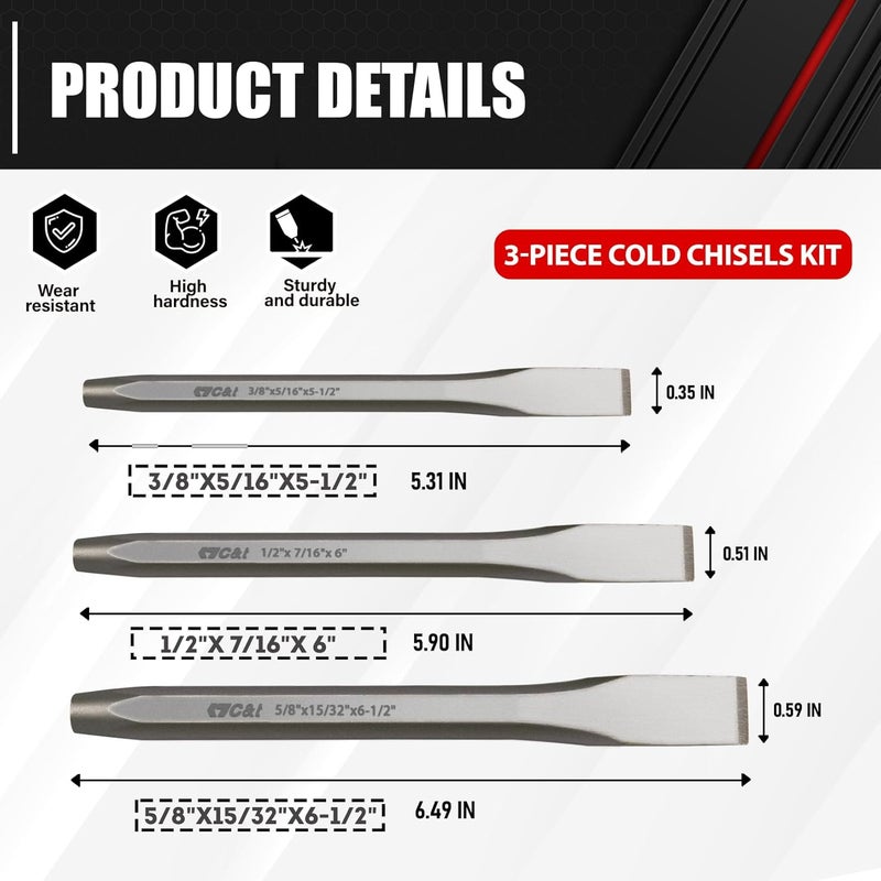 ct 3-Piece Heavy Duty All Purpose Cold Chisels Kit, 3/8, 1/2, 5/8 in, for Carpentry, Metalwork, Woodwork & Masonry work - Image 4